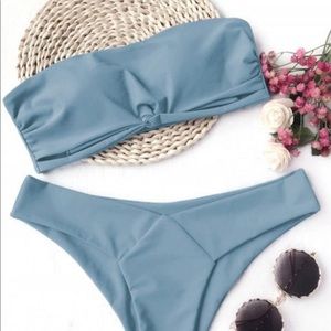 Knot Padded Bandeau Bikini Set - Blue S